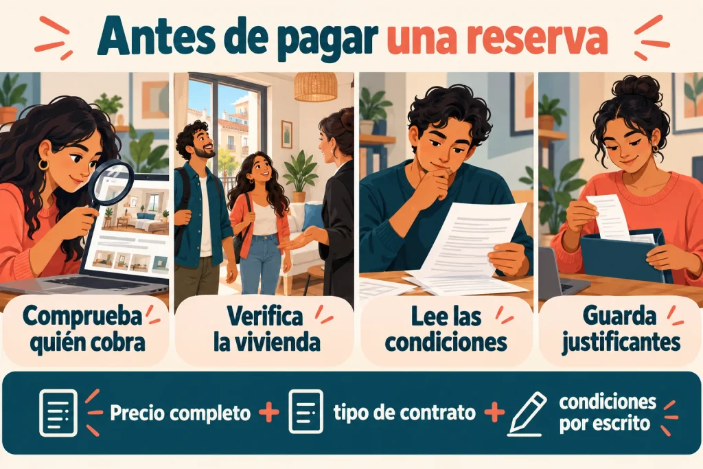 Antes de pagar una reserva: comprobar quién cobra, verificar la vivienda, leer las condiciones y guardar justificantes.