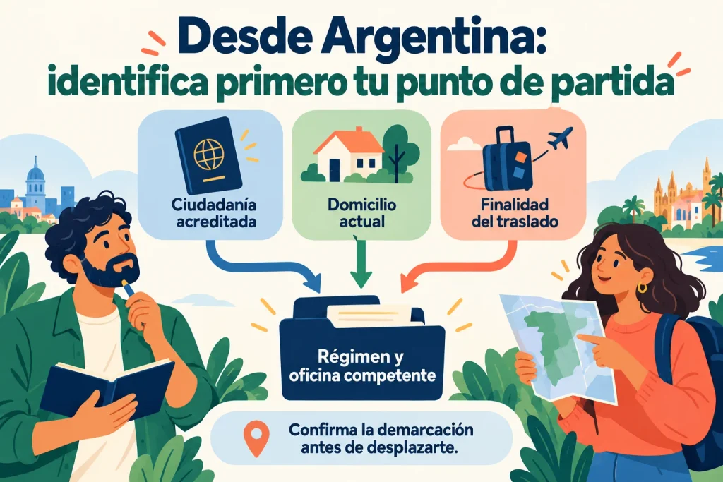 Desde Argentina: ciudadanía acreditada, domicilio y finalidad del traslado para identificar régimen y oficina competente.