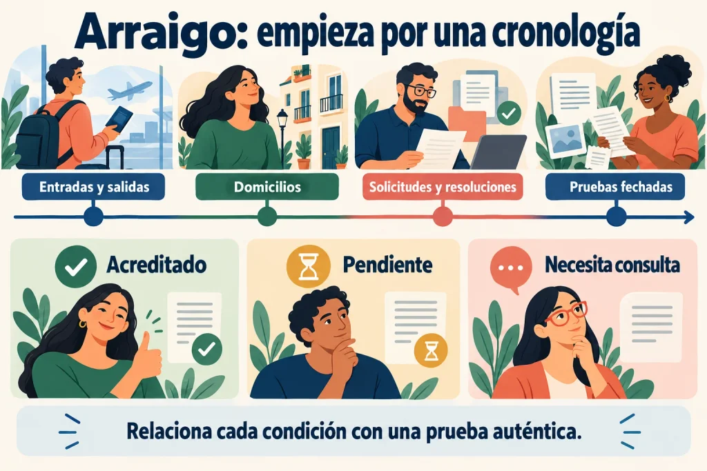 Cronología de arraigo: entradas y salidas, domicilios, solicitudes, resoluciones y pruebas fechadas, con estados acreditado, pendiente y necesita consulta.