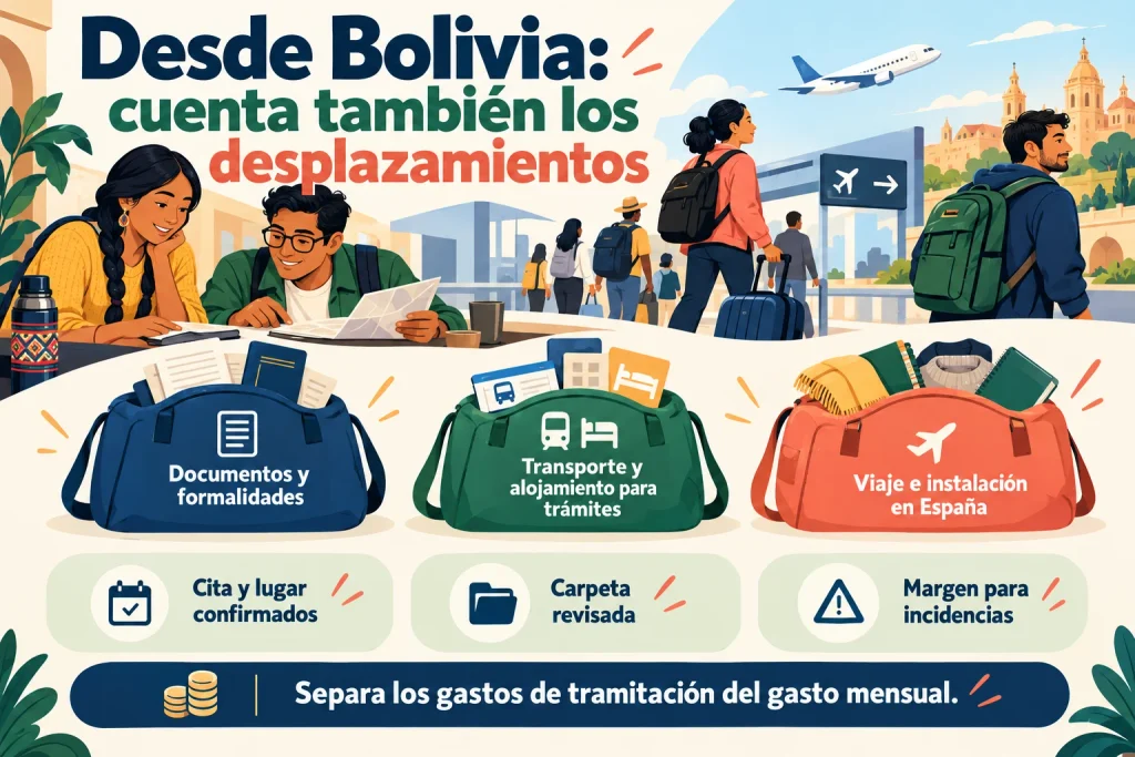 Desde Bolivia: separar documentos, desplazamientos para trámites, viaje e instalación, con margen para incidencias.