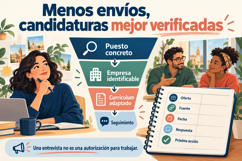 Organizar candidaturas: puesto concreto, empresa identificable, currículum adaptado y registro de oferta, fuente, fecha, respuesta y próxima acción.