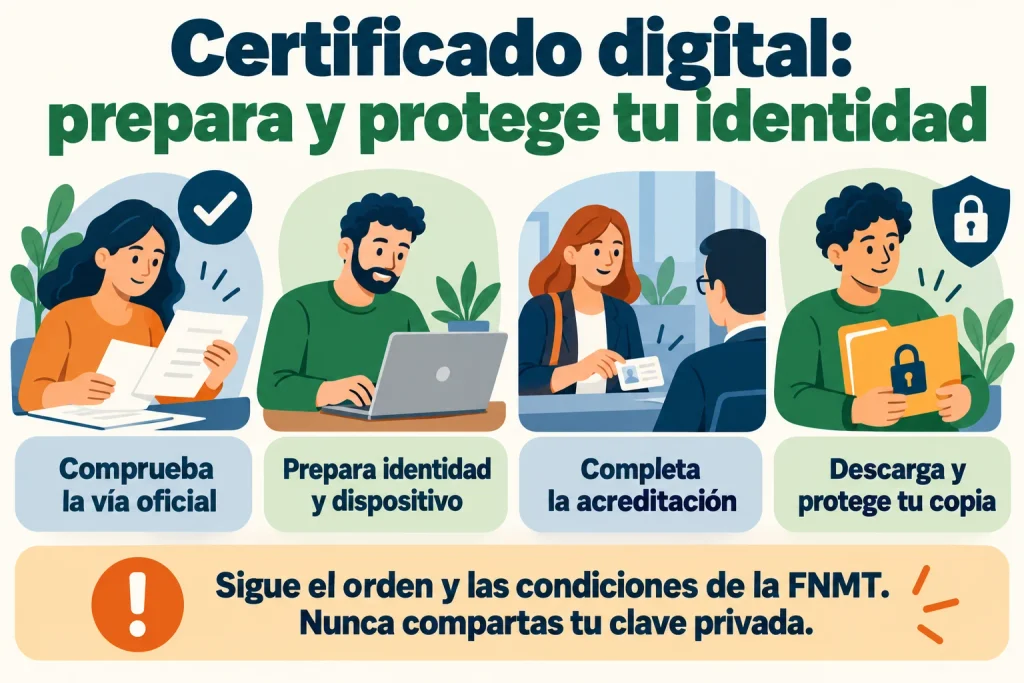 Certificado digital: comprobar la vía oficial, preparar identidad y dispositivo, completar acreditación y proteger la copia y clave privada.