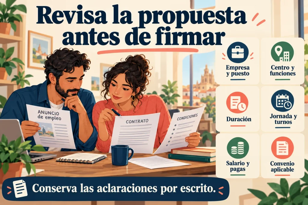 Revisión del contrato: empresa, puesto, funciones, duración, jornada, turnos, salario, pagas y convenio aplicable.