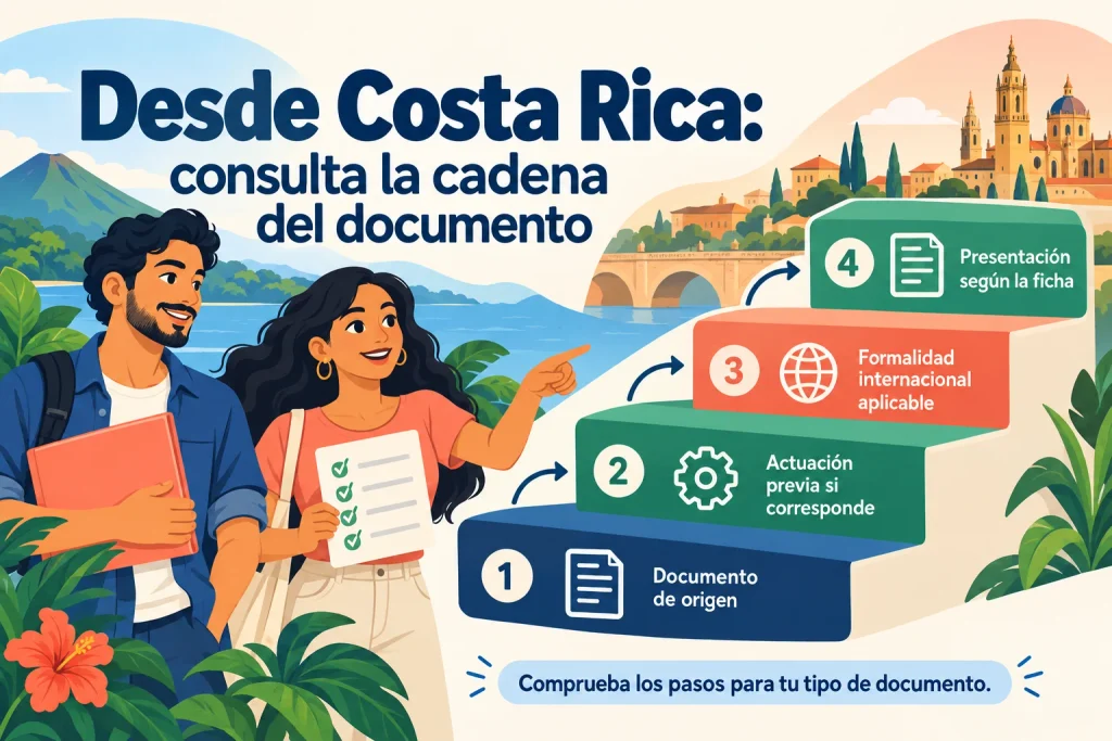 Desde Costa Rica: comprobar documento de origen, actuaciones previas, formalidad internacional y presentación según la ficha.