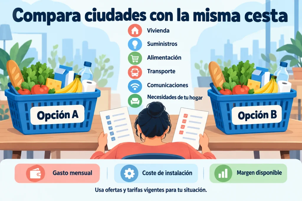 Comparar dos ciudades con las mismas partidas: vivienda, suministros, alimentación, transporte, comunicaciones y necesidades del hogar.