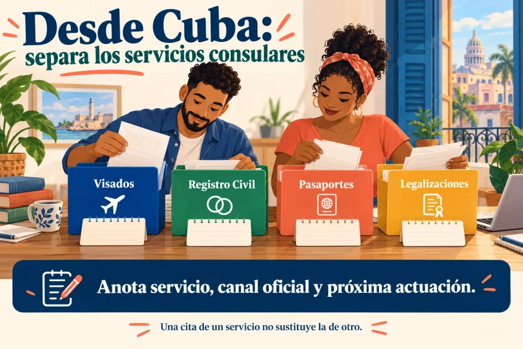 Desde Cuba: separar visados, Registro Civil, pasaportes y legalizaciones, con el canal oficial de cada servicio.