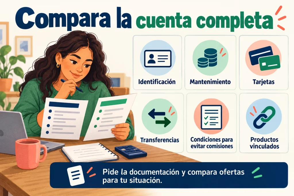 Comparación de cuentas: identificación, mantenimiento, tarjetas, transferencias, condiciones de comisiones y productos vinculados.
