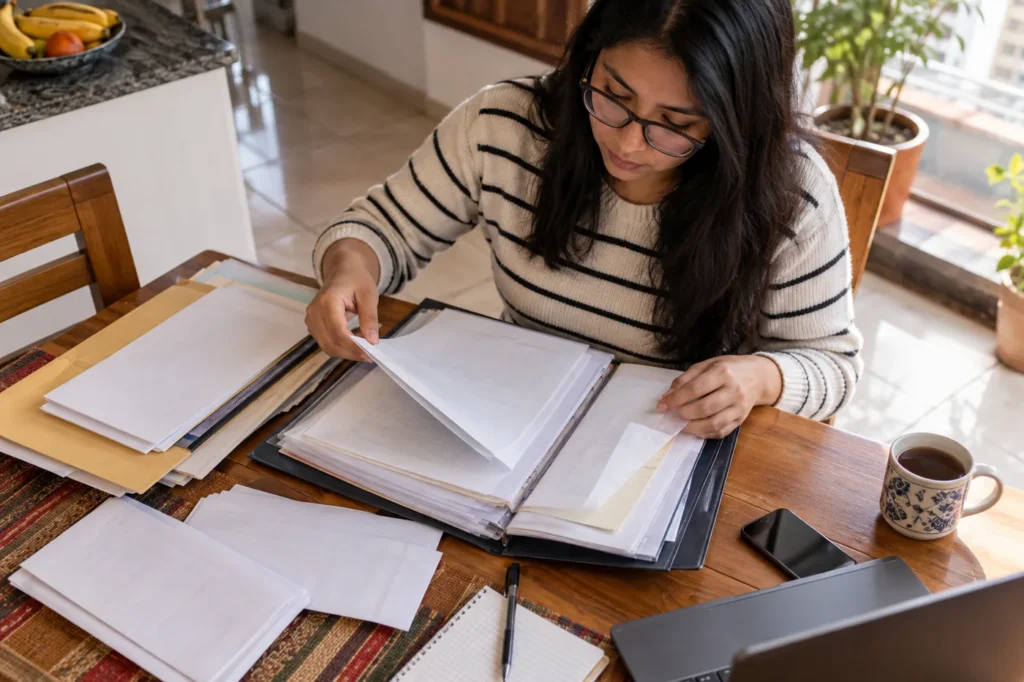 una mujer ecuatoriana joven con gafas organiza certificados y sobres en una mesa de cocina de Quito