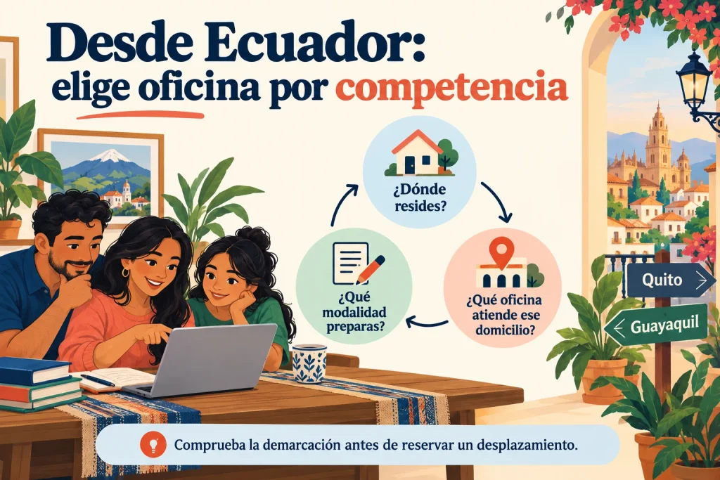 Desde Ecuador: comprobar residencia, modalidad y demarcación para identificar la oficina competente.
