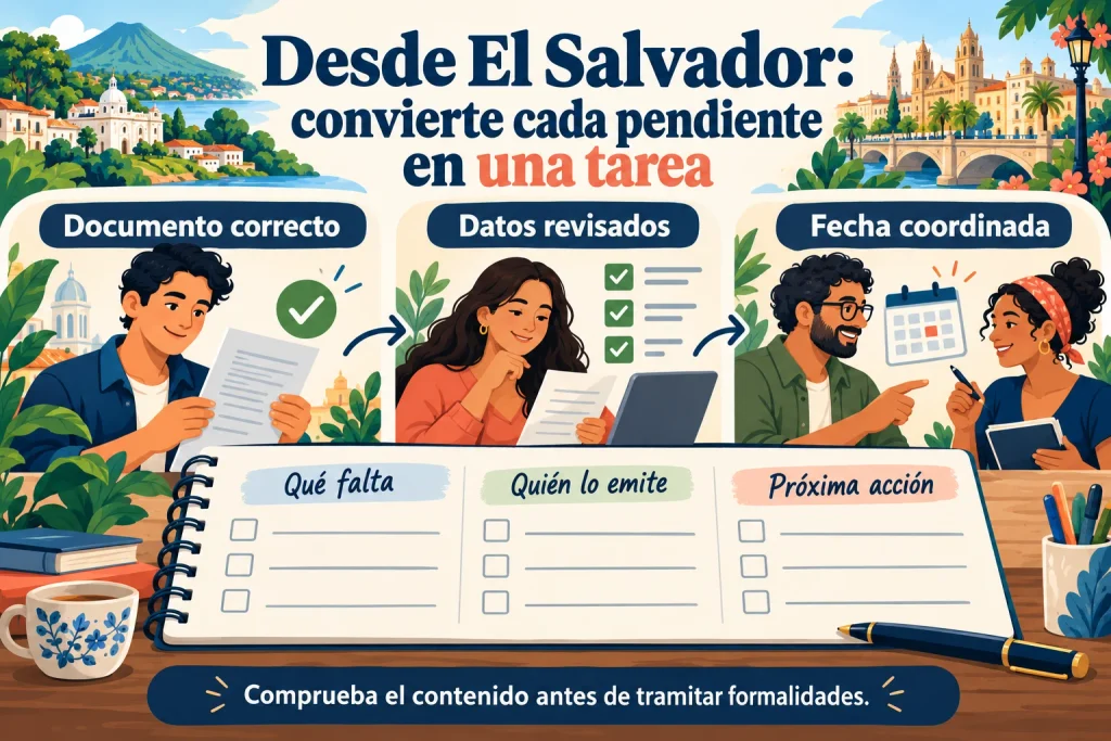 Desde El Salvador: convertir documentos pendientes en tareas con emisor y próxima acción, revisando datos y fechas.