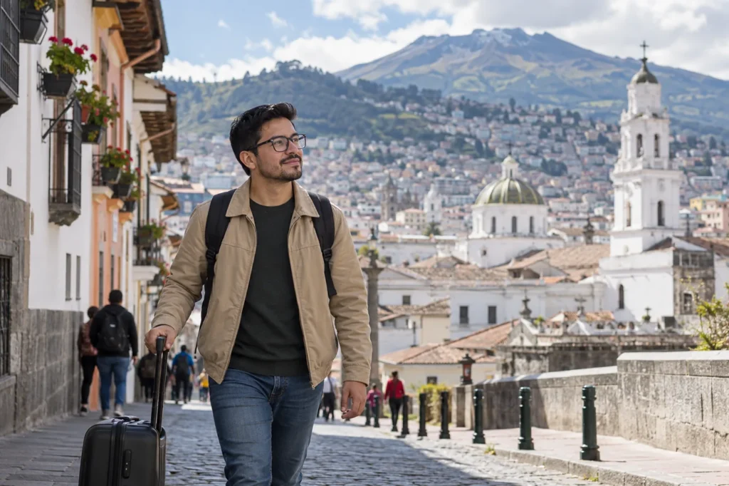 un hombre ecuatoriano de 31 años con gafas y chaqueta beige camina con una maleta por una calle de Quito con arquitectura andina, plano documental amplio