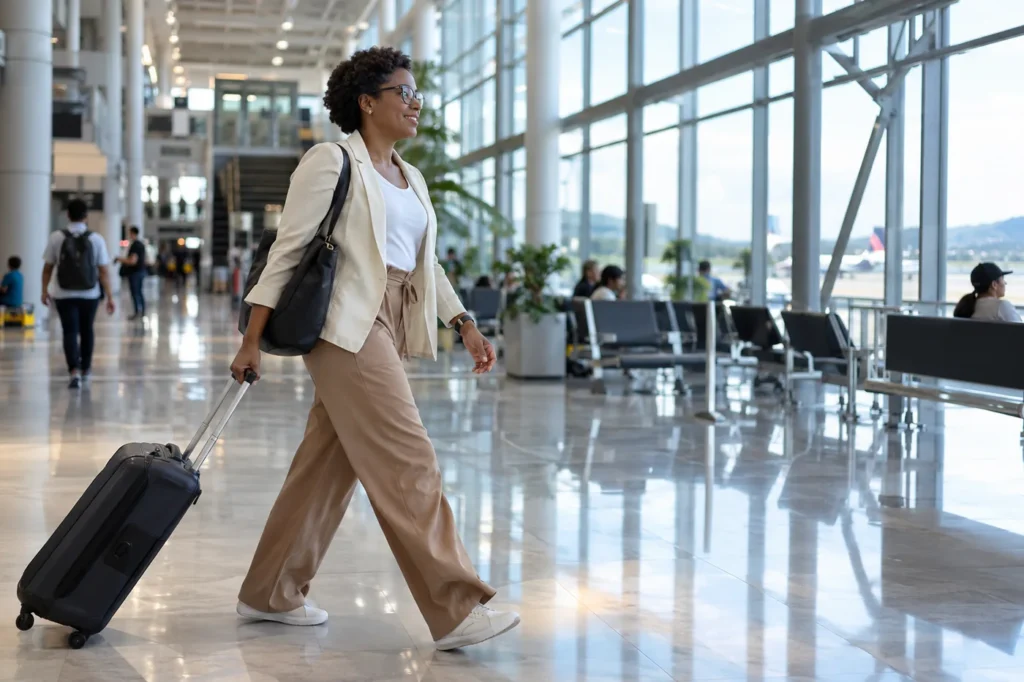 una profesional panameña negra de 41 años con pelo corto y gafas camina con una maleta de mano por un vestíbulo de aeropuerto luminoso de Panamá, plano amplio lateral
