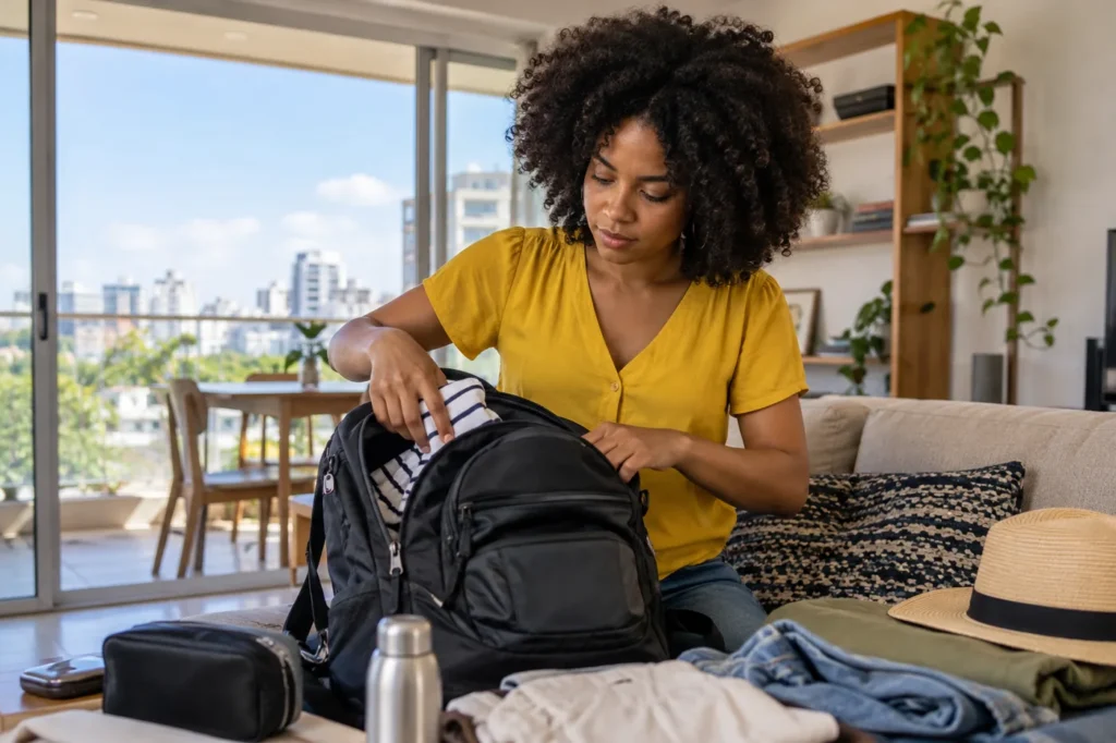 una mujer dominicana de 30 años con cabello afro y blusa amarilla organiza su mochila de viaje en un apartamento de Santo Domingo, plano medio vertical adaptado a composición horizontal