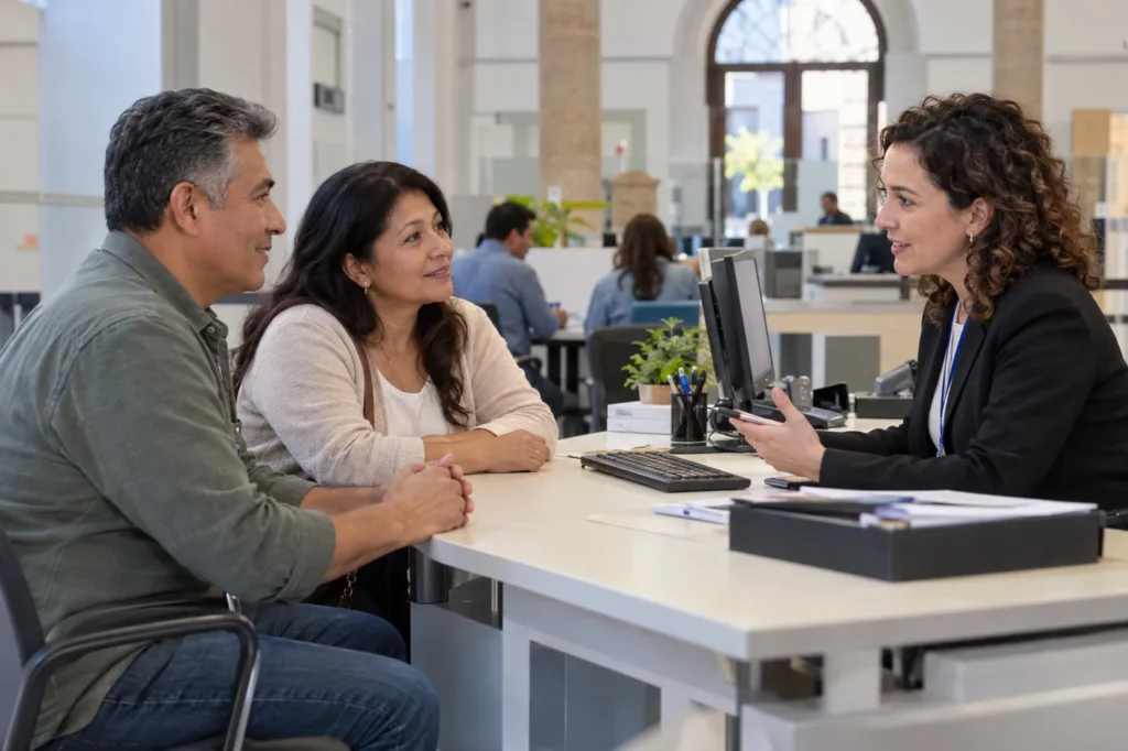 una pareja latinoamericana de unos 50 años conversa con una funcionaria en un ayuntamiento español, sala de atención moderna