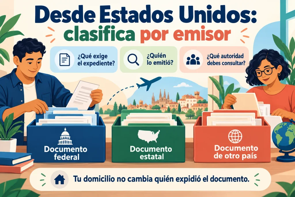 Desde Estados Unidos: clasificar documentos federales, estatales y de otros países según su organismo emisor.