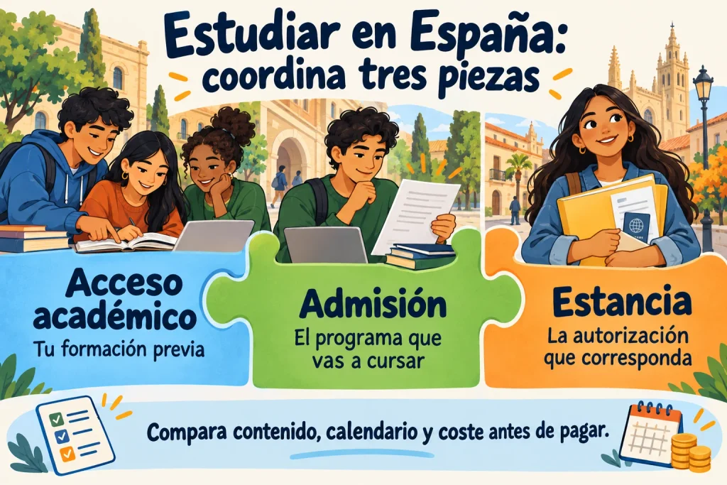 Tres piezas para estudiar en España: acceso académico, admisión al programa y autorización de estancia cuando corresponda.