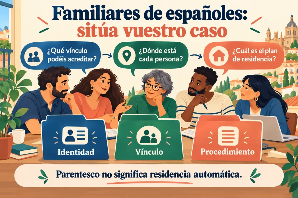 Familiares de españoles: comprobar vínculo acreditable, ubicación de cada persona y plan de residencia; ordenar identidad, vínculo y procedimiento.