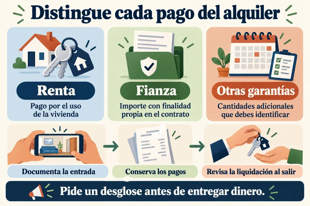 Diferencias entre renta, fianza y otras garantías, y pruebas que conviene conservar al entrar y salir del alquiler.