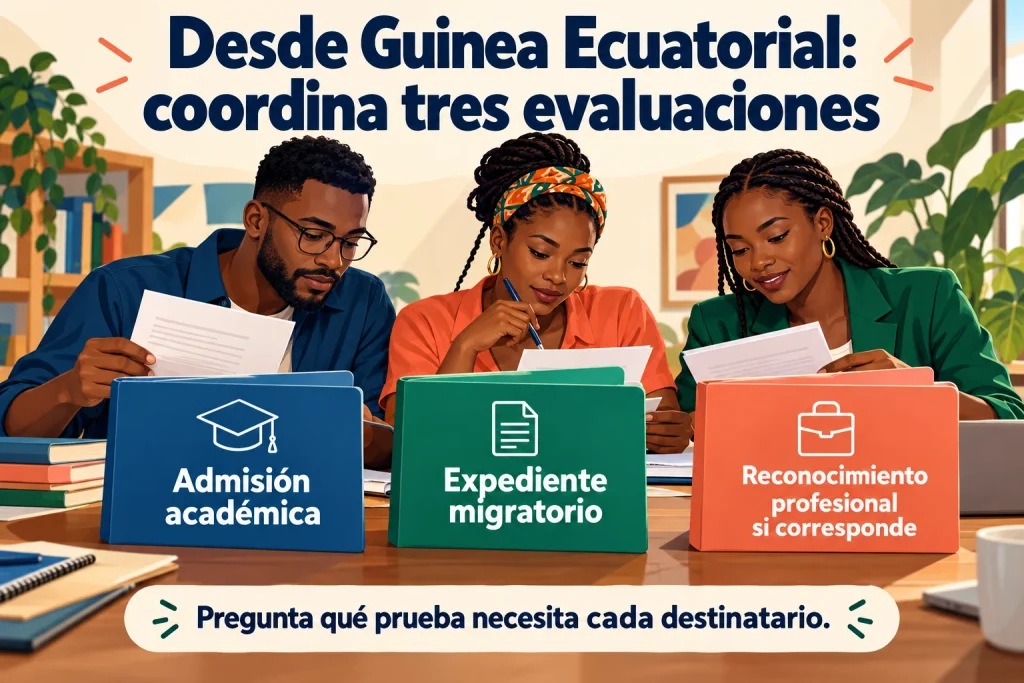 Desde Guinea Ecuatorial: coordinar admisión académica, expediente migratorio y reconocimiento profesional cuando corresponda.