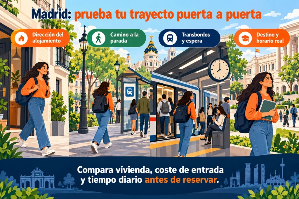 Trayecto puerta a puerta en Madrid: dirección, camino a la parada, transbordos, espera y destino con horario real.