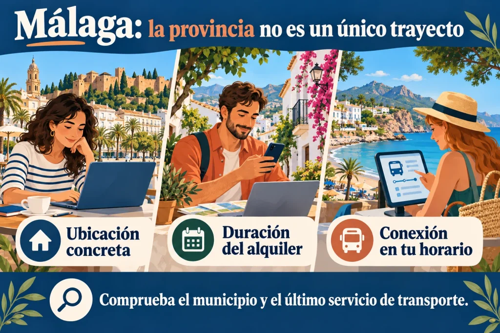 Málaga: distinguir capital y provincia, comprobar ubicación concreta, duración del alquiler y conexiones en el horario necesario.