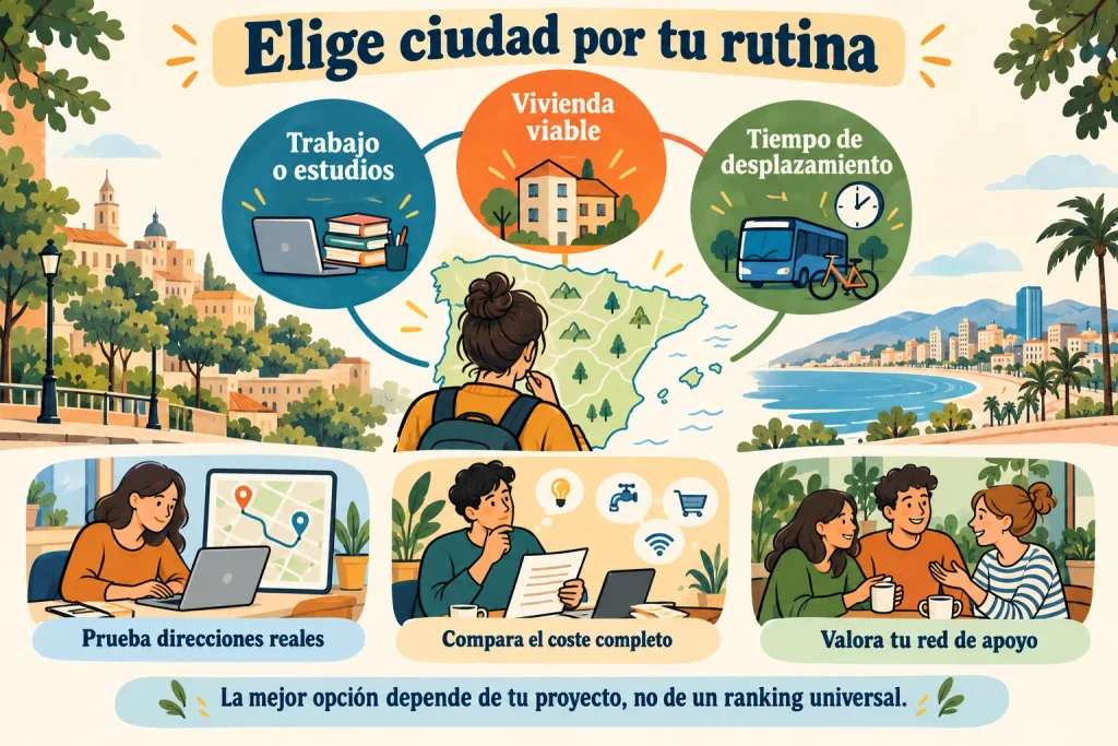 Elegir ciudad según trabajo o estudios, vivienda viable, desplazamientos, coste completo y red de apoyo.