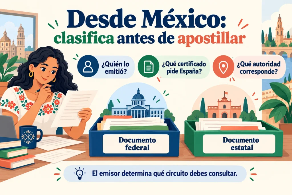 Desde México: distinguir documentos federales y estatales y consultar el circuito según el organismo emisor.