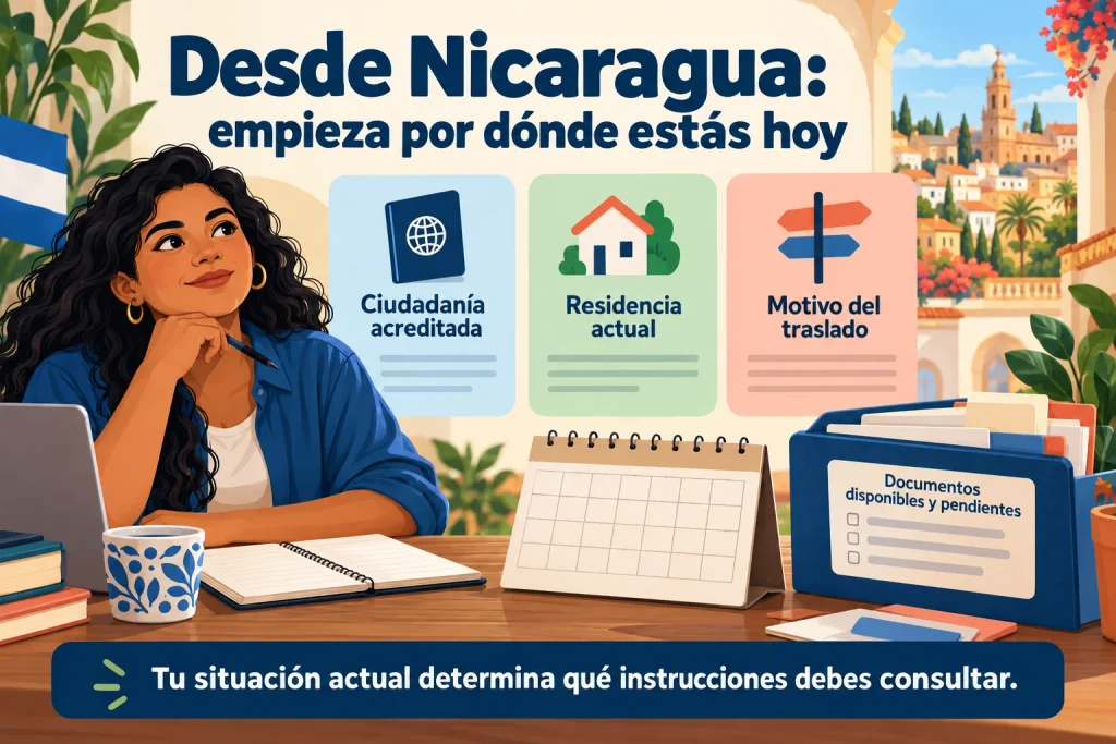 Desde Nicaragua: identificar ciudadanía acreditada, residencia actual, motivo del traslado y documentos disponibles o pendientes.