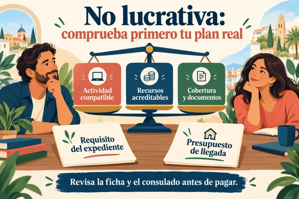 Residencia no lucrativa: comprobar compatibilidad del plan, recursos acreditables, cobertura y documentos; separar requisito del expediente y presupuesto de llegada.