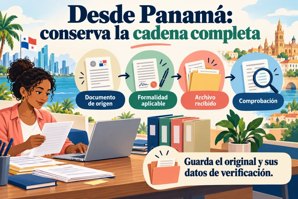Desde Panamá: conservar documento de origen, formalidad aplicable, archivo recibido y datos de comprobación.