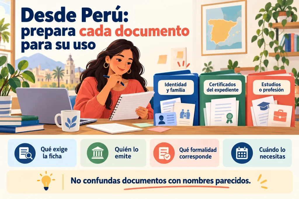 Desde Perú: clasificar identidad y familia, certificados del expediente y estudios o profesión; comprobar emisor, formalidad y fecha necesaria.