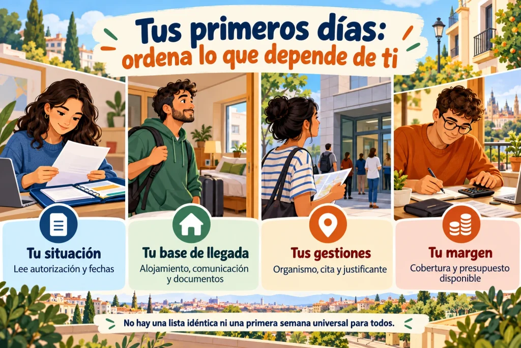 Primeros días en España: revisar autorización y fechas, asegurar alojamiento y documentos, identificar gestiones y comprobar cobertura y presupuesto.