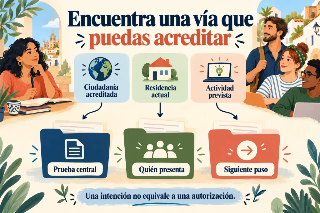 Identificar una vía acreditable según ciudadanía, residencia y actividad prevista; localizar prueba central, persona que presenta y siguiente paso.