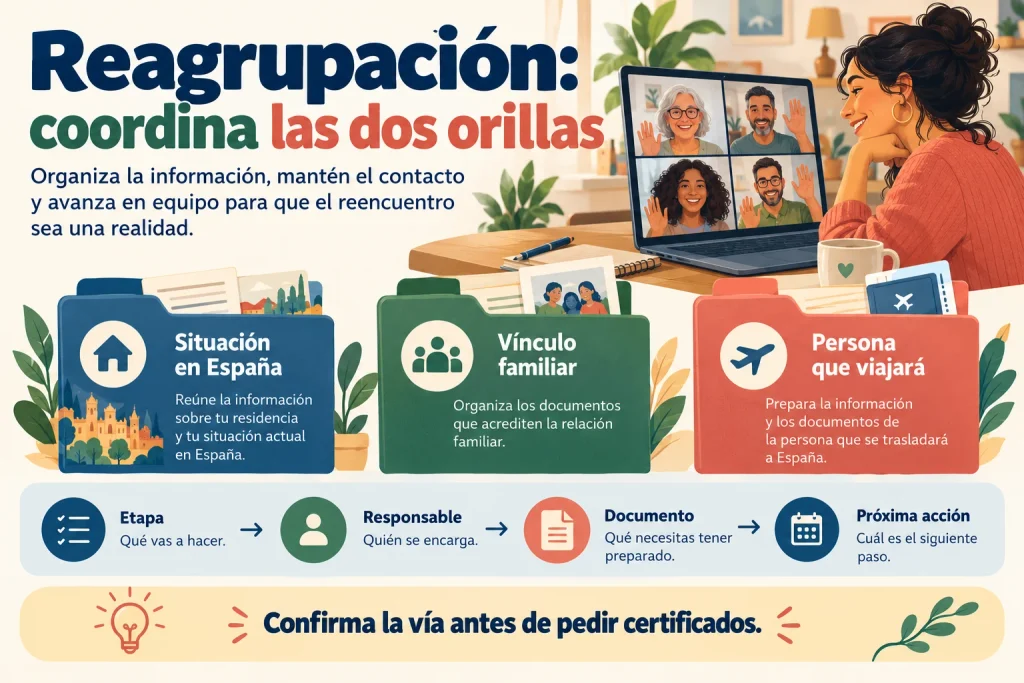 Reagrupación familiar: organizar situación en España, vínculo familiar y documentos de la persona que viajará, con responsables y próxima acción.