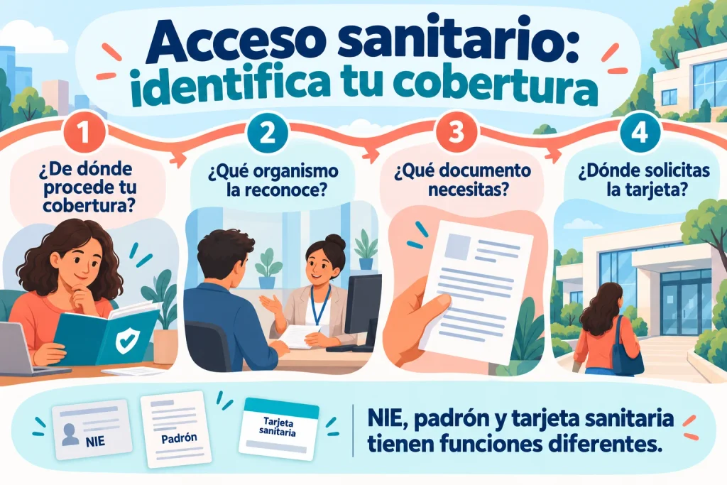 Acceso sanitario: identificar origen de cobertura, organismo competente, documento necesario y lugar de solicitud de tarjeta.