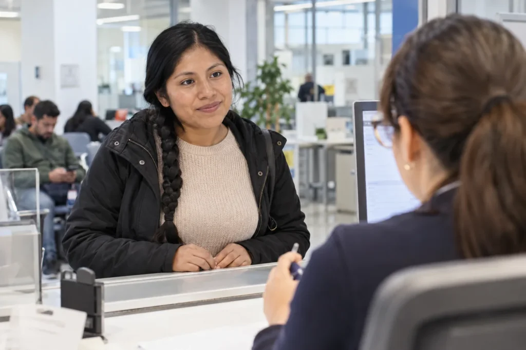 una mujer boliviana de 28 años con trenza acude a un mostrador administrativo de la Seguridad Social en España, plano sobre el hombro de la persona que atiende