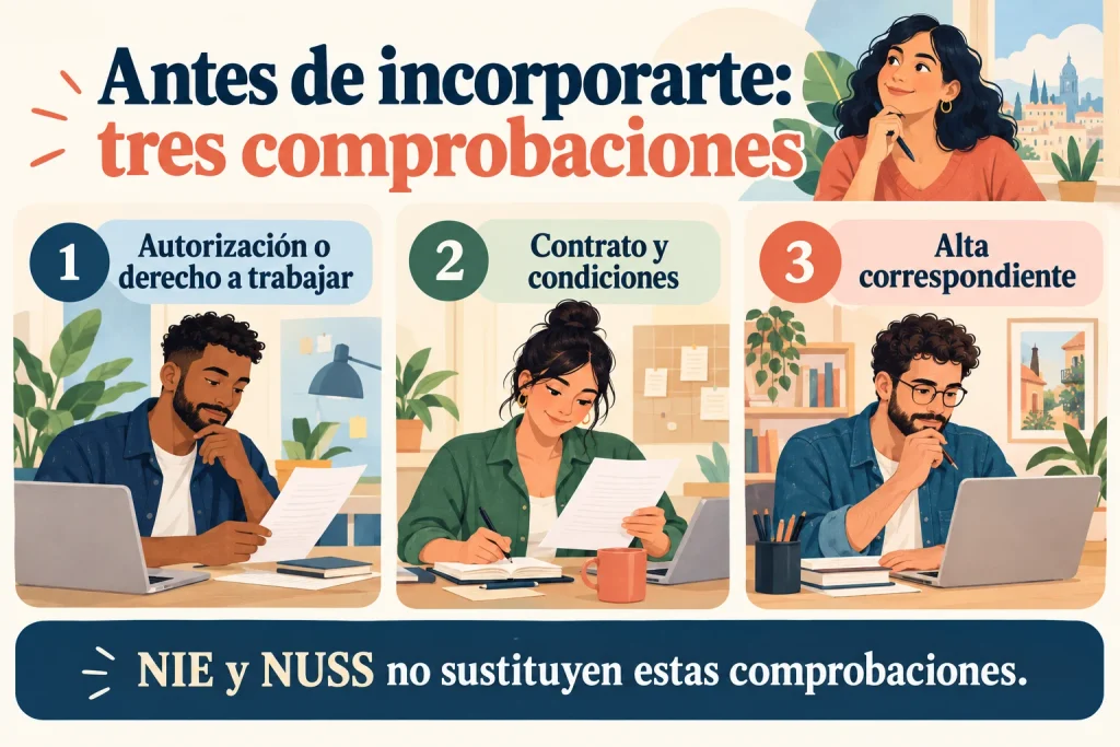 Antes de incorporarte: comprobar autorización o derecho a trabajar, contrato y condiciones, y alta correspondiente. NIE y NUSS no sustituyen estas comprobaciones.