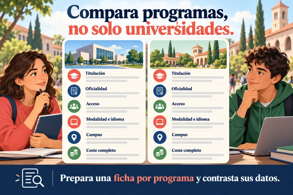 Ficha para comparar programas: titulación, oficialidad, acceso, modalidad e idioma, campus y coste completo.