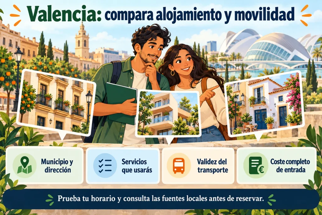 Valencia: comparar municipio, dirección, servicios, validez del transporte y coste completo de entrada.