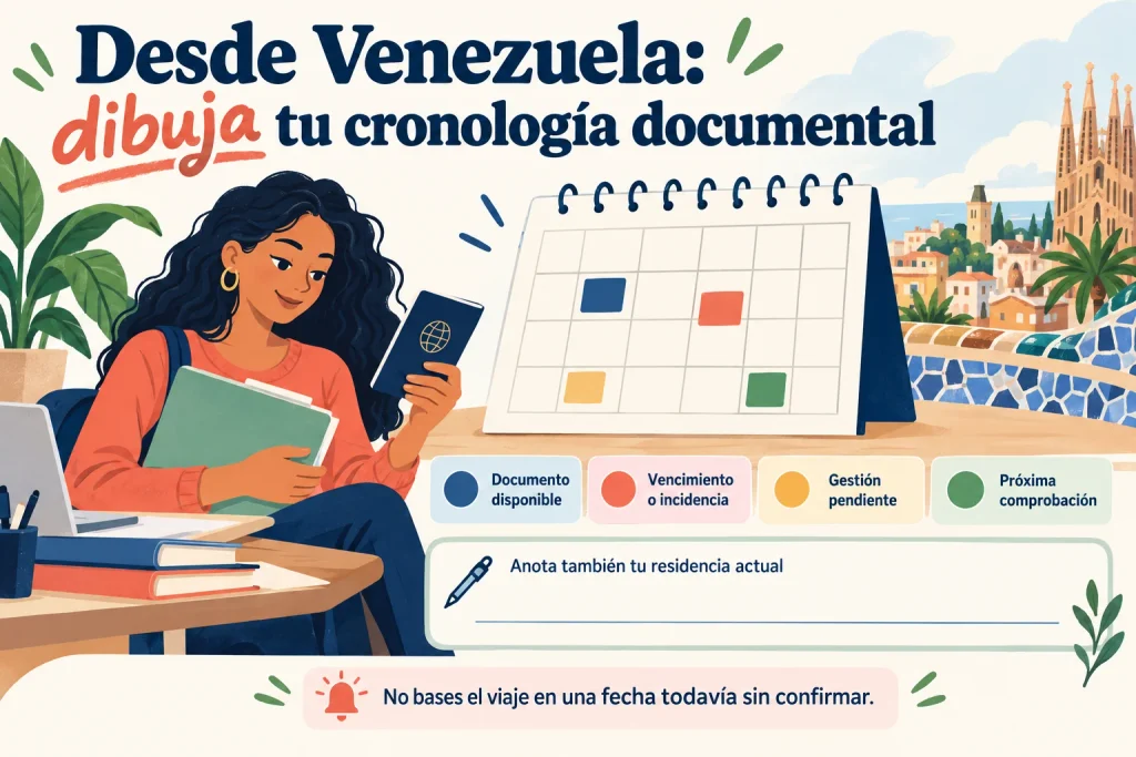 Desde Venezuela: cronología documental con disponibilidad, vencimiento o incidencia, gestión pendiente y próxima comprobación.