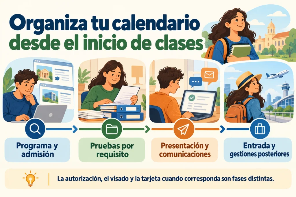 Calendario de estudios: programa y admisión, pruebas por requisito, presentación y comunicaciones, entrada y gestiones posteriores.
