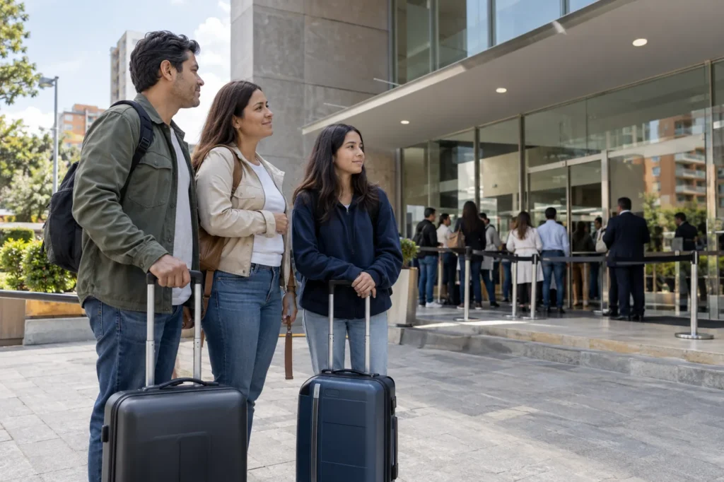 una familia colombiana de padre madre y adolescente espera con maletas pequeñas ante una oficina consular de arquitectura moderna en Bogotá, sin escudos ni letreros, plano amplio exterior