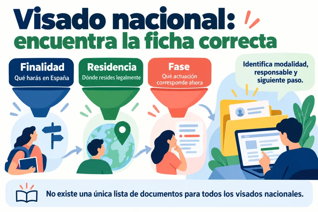 Tres preguntas para localizar la ficha del visado: finalidad en España, residencia legal y fase del procedimiento.