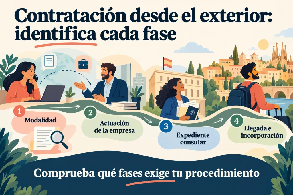 Contratación desde el exterior: identificar modalidad, actuación de la empresa, expediente consular y condiciones de llegada e incorporación.